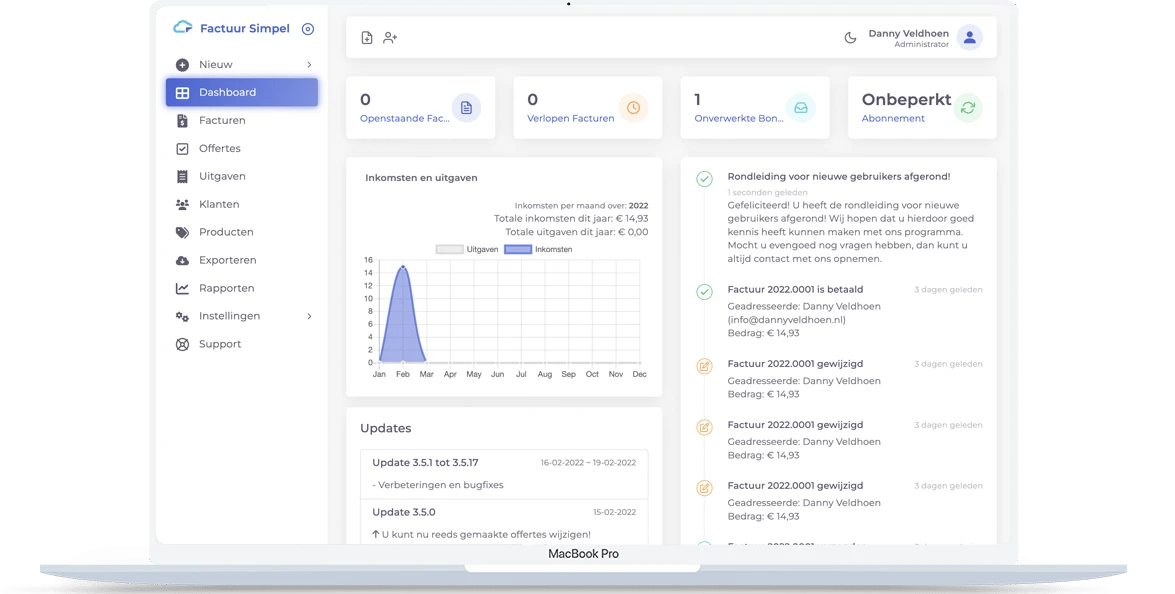 Dashboard van Factuur Simpel op een laptop met openstaande en verlopen facturen, een grafiek van inkomsten en uitgaven per maand en recente factuuractiviteit